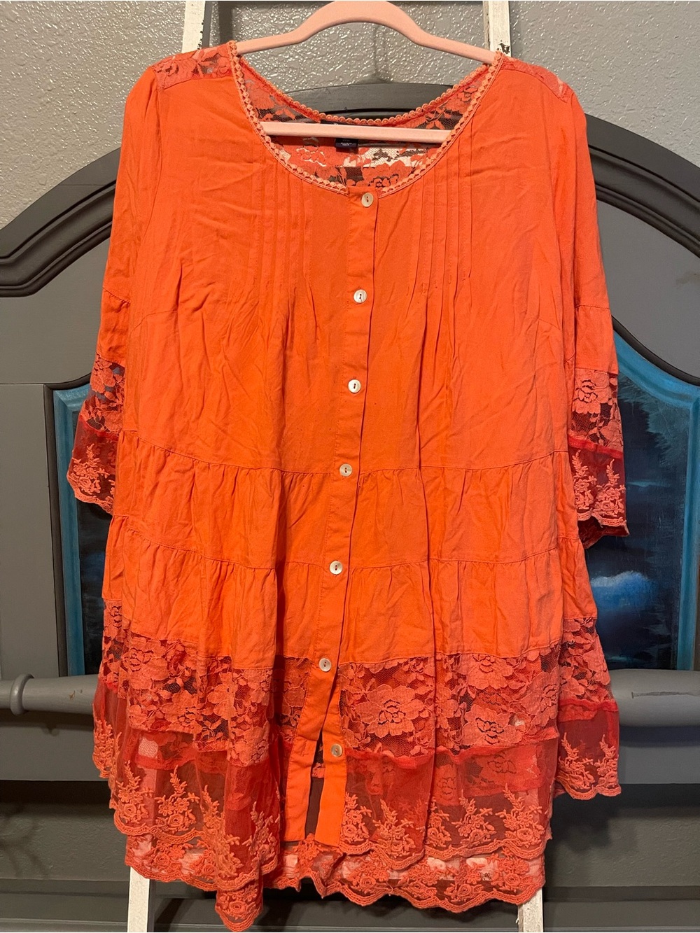 Roaman's Orange Lace-Trim Button Front Tunic Top